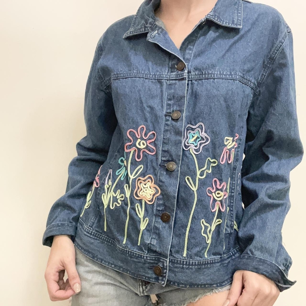 Vintage Jean jacket with colorful floral embroidery